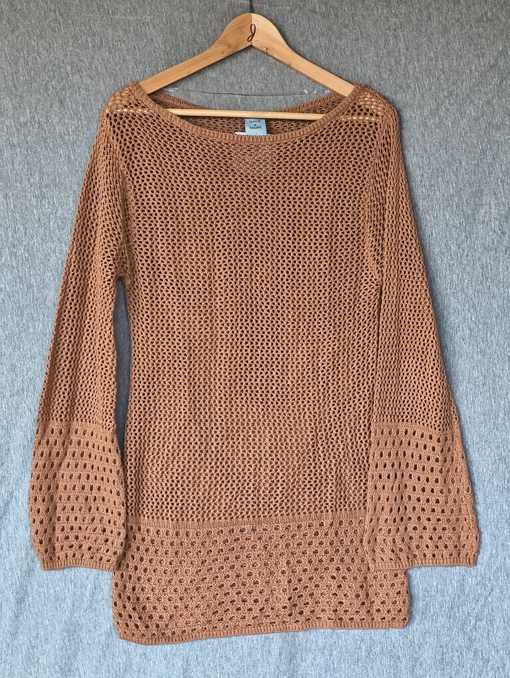 Shade & Shore Crochet Bell Sleeve Swim Cover‑Up Dress – Brown – Size L